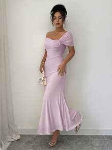 Modelyn Spring/Summer Off-Shoulder Floral Bodycon Dress, Elegant & Slimming - Mauve Purple - View 5