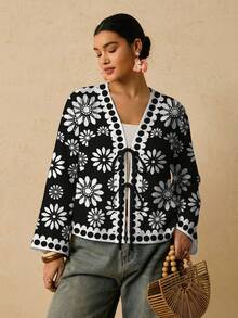 SHEIN VCAY Áo khoác cardigan dáng rộng, thắt eo, phong cách tối giản, thích hợp cho mùa thu/đông. - Nhiều màu - Xem 1
