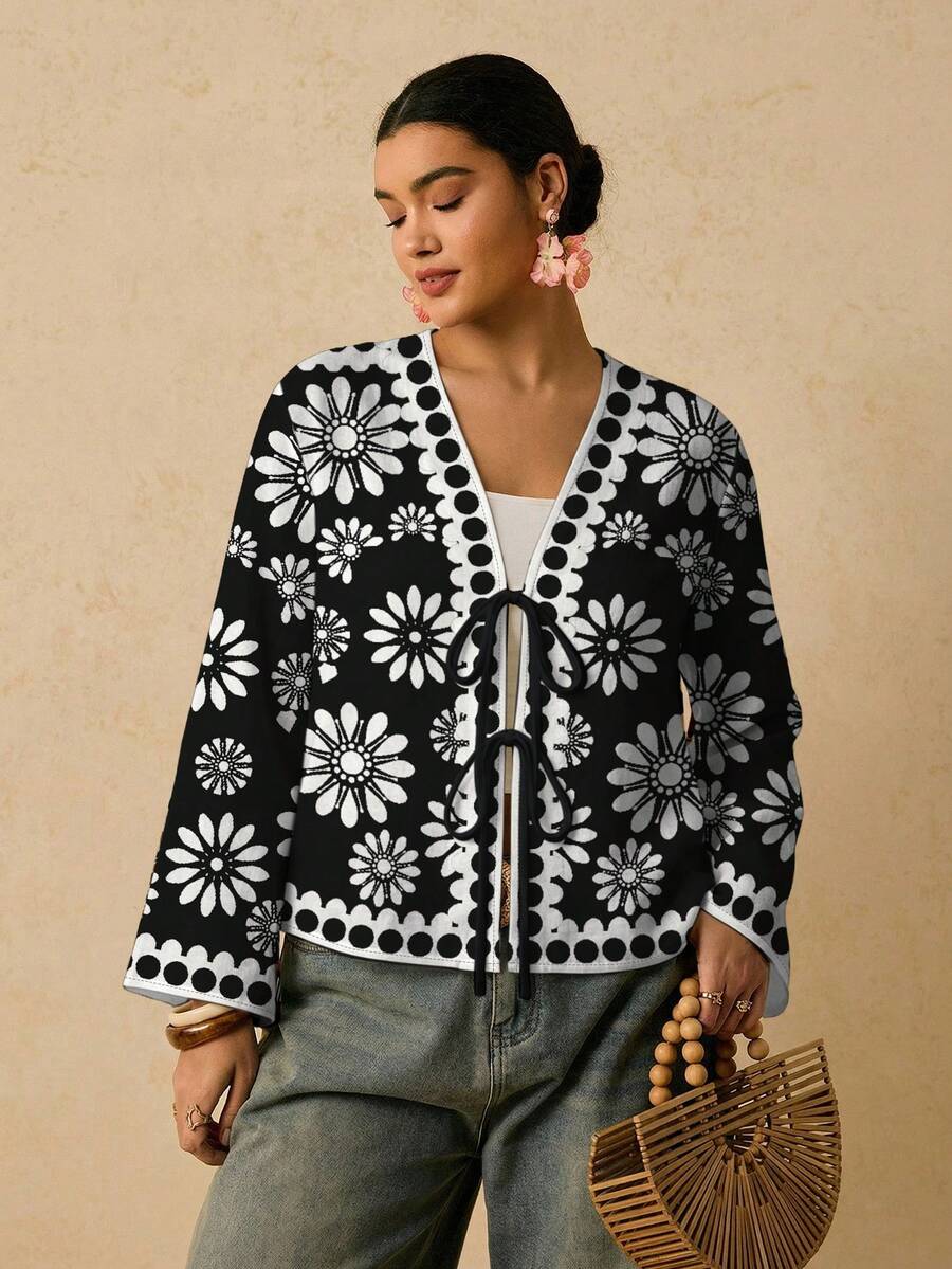 SHEIN VCAY Áo khoác cardigan dáng rộng, thắt eo, phong cách tối giản, thích hợp cho mùa thu/đông. - Nhiều màu - Xem 1