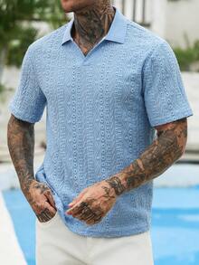 VENTUSAIL Men's Short Sleeve Textured Fabric Polo Shirt,Light Blue,Summer,Casual,Vacation,Holiday Classy Old Money Style,Outdoor Daily Leisure Outings,Gift - Blue - View 4
