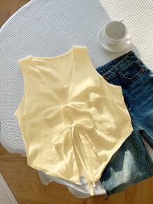 Comfortcana Áo khoác cardigan không tay, màu trơn, thắt nơ phía trước, dành cho nữ cỡ lớn, màu vàng. - Màu vàng - Xem 5