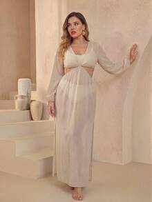 Swim Vcay Plus Size Women Long Sleeve Solid Color Flowy Casual Sexy Beach Beach Vacation Maxi Dress Beige Summer - Beige - View 5