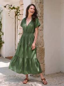 Dayvera Vestido largo de estilo retro francés de unicolor con mangas cortas, vestido largo fluido de verano con cuello en V y cintura elástica - Verde - Ver 2