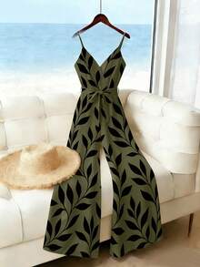 GlowEve Women's Vacation Printed Sleeveless Jumpsuit - Army Green - View 1