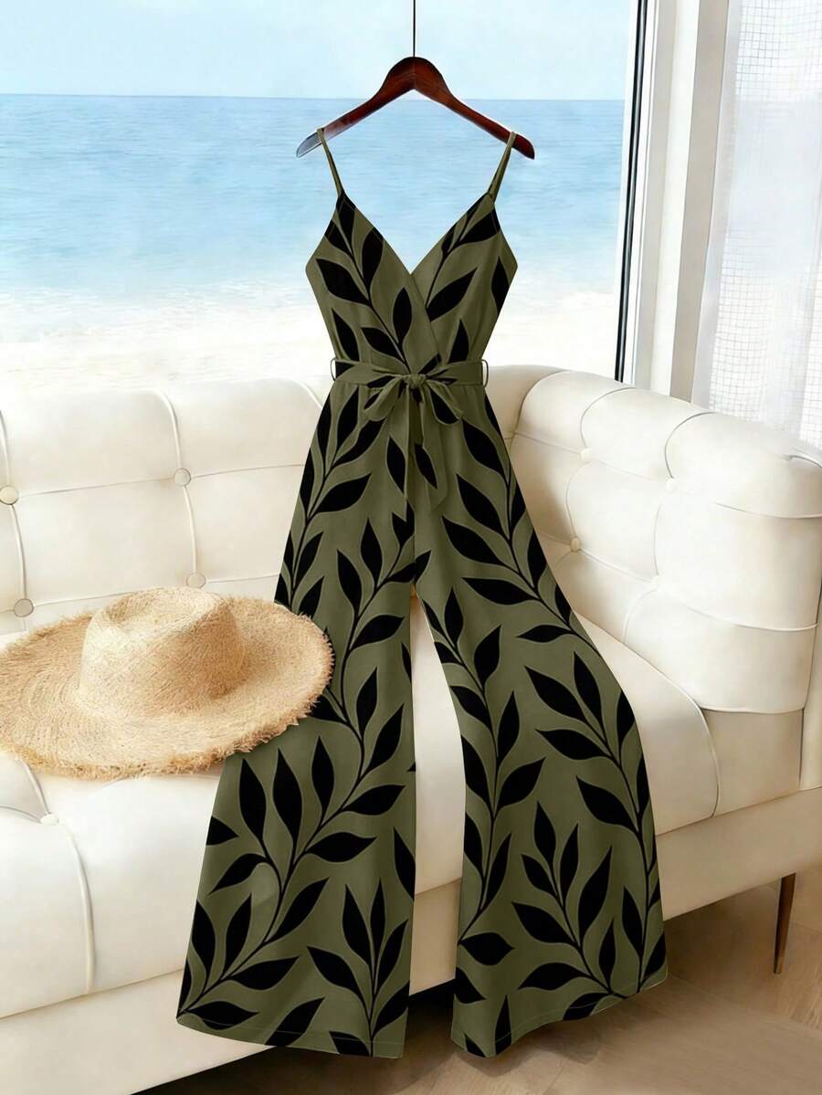 GlowEve Women's Vacation Printed Sleeveless Jumpsuit - Army Green - View 1