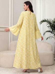 Lacomfia Vestido holgado con cuello redondo, lazo, mangas acampanadas y estampado de colores contrastantes, para primavera y verano - Amarillo - Ver 3