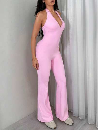 FavEase Bộ jumpsuit ren cổ chữ V sâu, jumpsuit màu hồng ôm sát thoải mái dành cho nữ