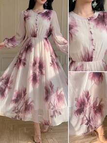 Modelyn Spring & Summer Fashion Flat Collar Long Sleeve Chiffon Floral Print Fitted Flared Dress - Multicolor - View 7