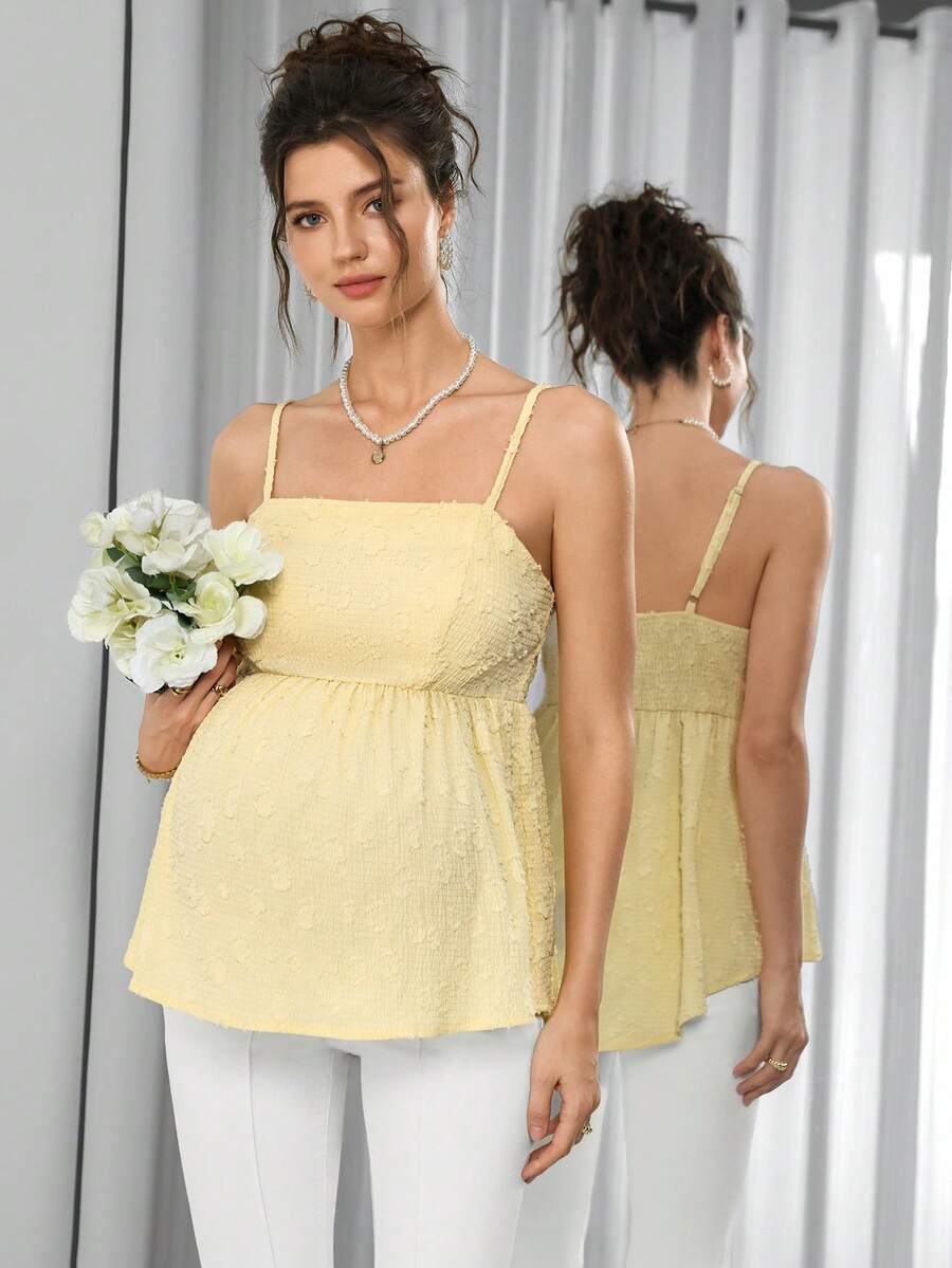 Maternity Jacquard Pleated Casual Everyday Camisole Top - Yellow - View 1