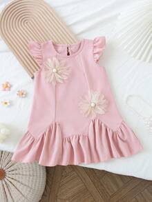 SHEIN Vintaside Kids 1件夏季可愛灰粉色女嬰公主生日禮服，3D花朵裝飾、荷葉袖、圓領、後開襟、荷葉邊裙襬女嬰洋裝 - 粉色 - 查看 8
