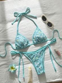 Bonvoyette Swim MOD 两件式蝴蝶亮片纹理挂脖三角比基尼上衣和侧系带泳裤性感泳装套装，女士，春夏款 - 薄荷藍 - 查看 7