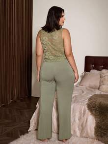 Plus Size Green Lace Patchwork Sexy 2 Pieces Sleepwear Set, Long Lingerie, Sage Green Sexy Casual Outfit - Green - View 2