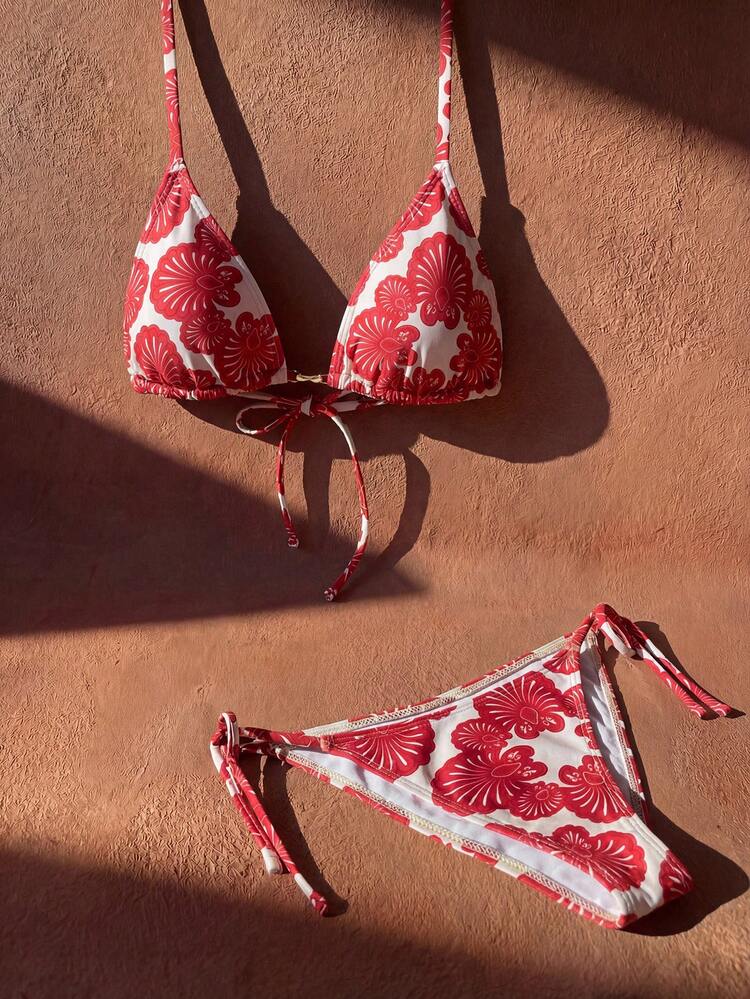 Women's Summer Beach Full Print Halter Tie Sexy Bikini And Triangle Briefs Swimsuit Set