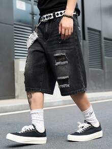 Manfinity EMRG Quần short denim đen rách họa tiết da báo phong cách thường ngày dành cho nam. - màu đen - Xem 4