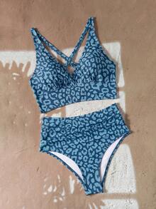 Swim Basics 两件套女士夏季沙滩度假豹纹V领吊带比基尼套装 - 彩色 - 查看 4