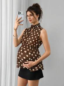 Momance Áo bầu cổ đứng, không tay, cài cúc phía trước và sau cổ, eo chun, dáng chữ A, chất liệu hơi xuyên thấu, họa tiết chấm bi. - màu nâu - Xem 4