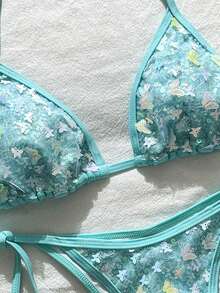 Bonvoyette Swim MOD 两件式蝴蝶亮片纹理挂脖三角比基尼上衣和侧系带泳裤性感泳装套装，女士，春夏款 - 薄荷藍 - 查看 5
