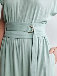 Aalyst Bộ jumpsuit nữ màu trơn cổ tròn tay raglan ngắn eo thắt dây điều chỉnh được với khóa chữ D bằng kim loại, túi, ống rộng suông, màu xanh ô liu, thanh lịch, cổ điển kiểu Pháp, thích hợp cho công sở, đi biển, nghỉ lễ, tiệc trà chiều, dạo phố, phong cách tối giản, đa năng, hàng mới về mùa xuân/hè. - Màu xanh bạc hà - Xem 4