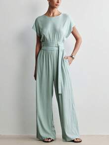 Aalyst Bộ jumpsuit nữ màu trơn cổ tròn tay raglan ngắn eo thắt dây điều chỉnh được với khóa chữ D bằng kim loại, túi, ống rộng suông, màu xanh ô liu, thanh lịch, cổ điển kiểu Pháp, thích hợp cho công sở, đi biển, nghỉ lễ, tiệc trà chiều, dạo phố, phong cách tối giản, đa năng, hàng mới về mùa xuân/hè. - Màu xanh bạc hà - Xem 6