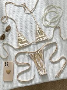 Swim Vcay Bộ bikini hai mảnh kiểu yếm buộc dây hai bên, chất liệu vải mềm mại, gợi cảm, thích hợp cho bãi biển và kỳ nghỉ, mùa xuân/hè. - Rượu sâm banh - Xem 1