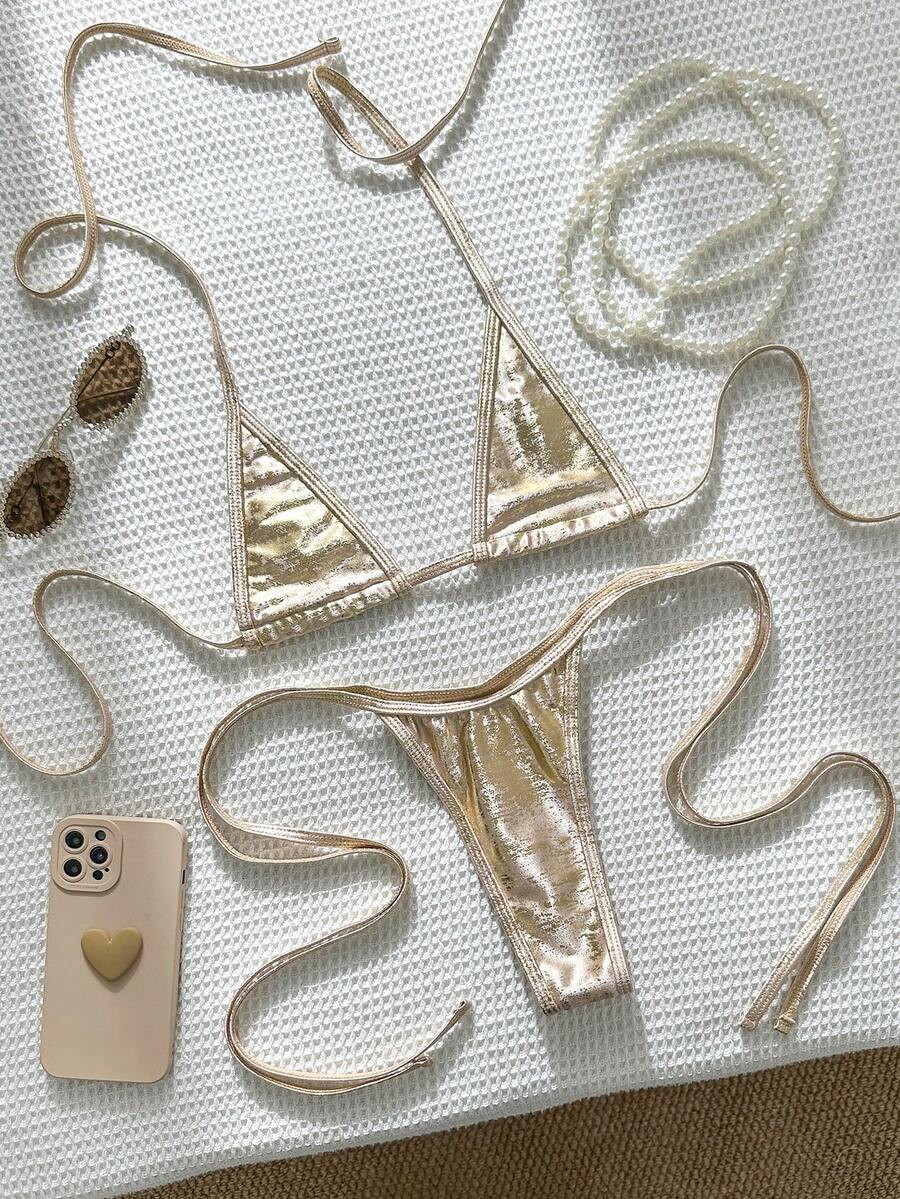 Swim Vcay Bộ bikini hai mảnh kiểu yếm buộc dây hai bên, chất liệu vải mềm mại, gợi cảm, thích hợp cho bãi biển và kỳ nghỉ, mùa xuân/hè. - Rượu sâm banh - Xem 1