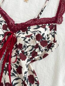 Sunnyshic Rose Print Pattern Bow Lace Camisole For Women - Multicolor - View 6