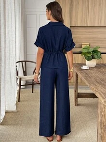 Louniche Bộ đồ hè dáng rộng, màu trơn, có dây rút ở eo, áo và quần (2 món) - Màu xanh hải quân - Xem 2
