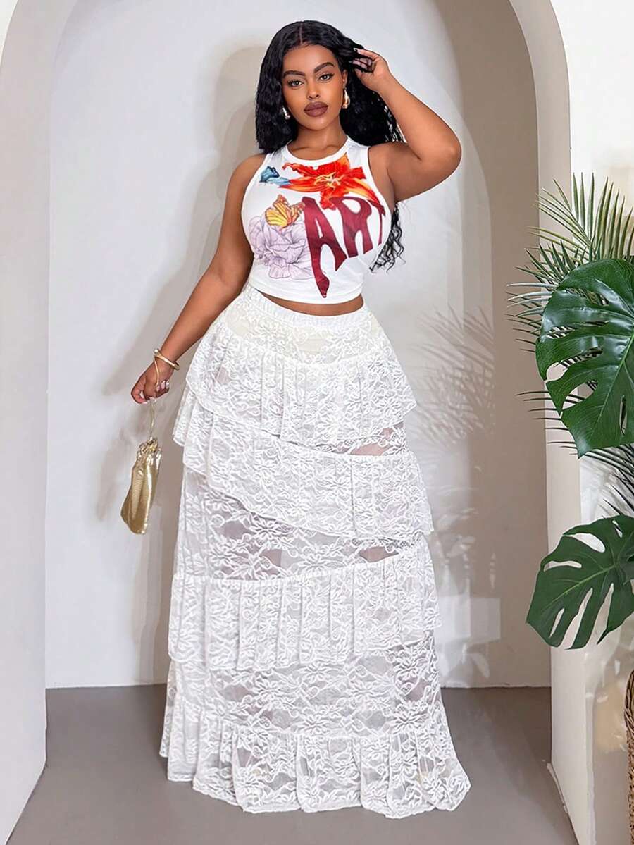 Slaydiva Bộ đồ mùa xuân/hè mới gồm áo tank top không tay ôm sát in hoa và chữ, kết hợp với chân váy ren voan nhiều lớp màu trắng, thích hợp cho kỳ nghỉ, lễ hội âm nhạc, bãi biển, mặc hàng ngày, lễ hội hóa trang, gợi cảm, tắm nắng, hợp thời trang, ngọt ngào, dễ thương, giản dị. - Nhiều màu - Xem 1