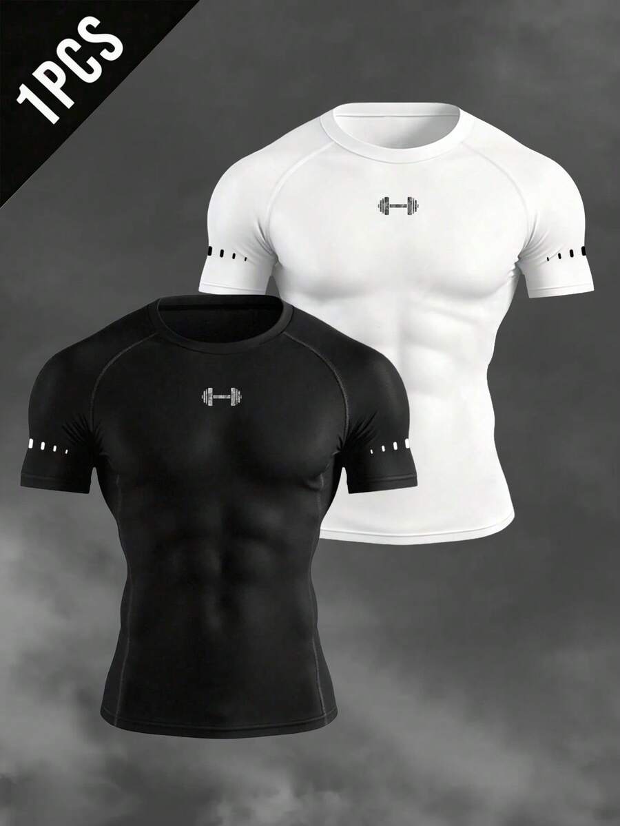 Gym Rark 1pc Men's Dumbbell Print Raglan Short Sleeve Slim Fit Sports T-Shirt, Summer, Gym, Holiday - Black - View 1