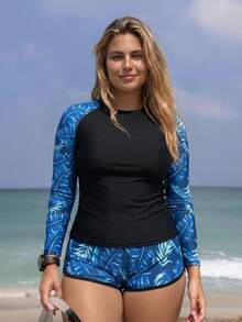 Swim SPRTY 大码女式两件套印花泳衣，保守款长袖和短袖，适合海滩、度假村、游泳池穿着 - 彩色 - 查看 1