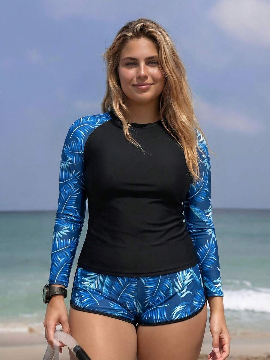 Swim SPRTY 大码女式两件套印花泳衣,保守款长袖和短袖,适合海滩、度假村、游泳池穿着 - 彩色 - 查看 1