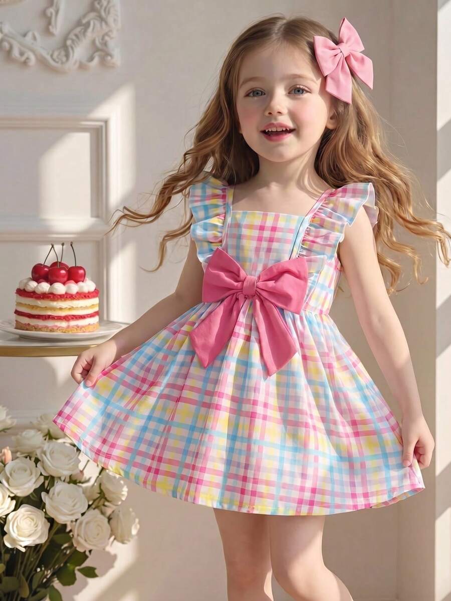 SHEIN Đầm ngắn tay màu hồng in sọc cho bé gái, kiểu dáng thường ngày, thời trang, có nơ phía trước và xếp ly ở gấu váy, thích hợp cho mùa xuân/hè. - Nhiều màu - Xem 1