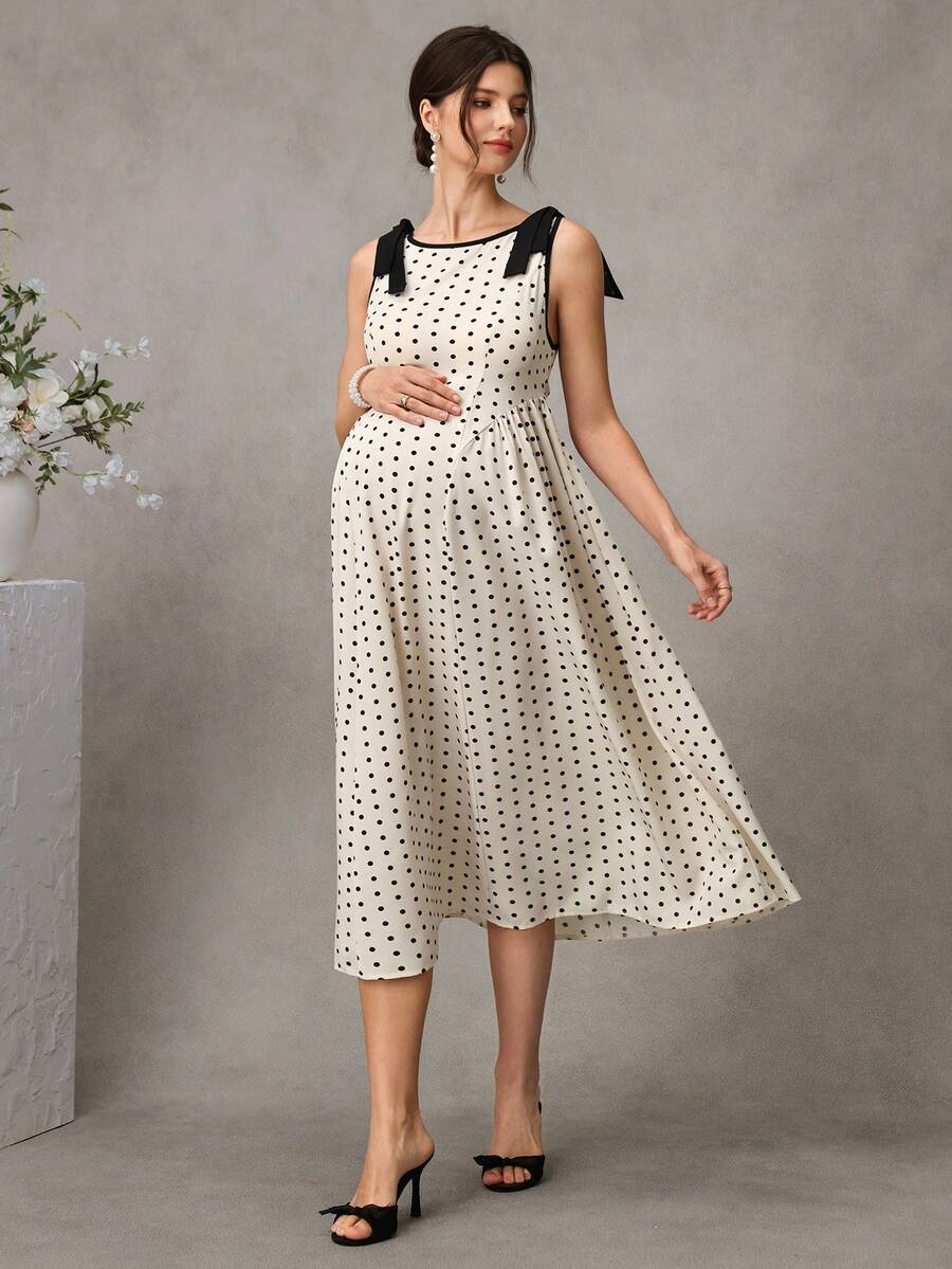 SHEIN Đầm bầu chấm bi có nơ - Màu be - Xem 1