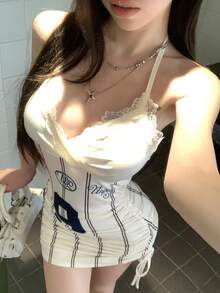 DAZY 女士性感蕾丝边条纹拼接露背迷你吊带连衣裙，夏季 - 白色 - 查看 4