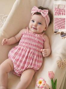 SHEIN بدلة بنات رضع 1 قطعة من عمر شهر إلى 3 سنوات، طراز صيفي أنيق وجذاب، بطبعات زهور وخطوط متقاطعة، بدون أكمام - وردي - مشاهدة 8
