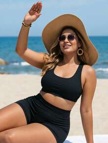 Swim SPRTY Plus Size Women 2pcs Solid Color Supportive Racerback Top With Shorts Swimwear Set - Black - View 4