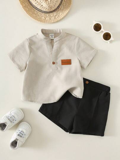 SHEIN 2 piezas Conjunto de camisa de manga corta casual y pantalones cortos para bebé/bebé niño, conjunto de ropa para bebé niño, ropa de verano para bebé niño