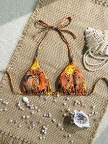 Swim Mod Random Gold Shell Print Halter Neck Triangle Cup Sexy Swimsuit Top For Summer Vacation Zestiva Swimsuit Zebra Bikini Set Zebra Print Bathing Suit Yummy Control Bathing Suit - Multicolor - View 2