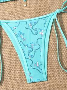 SHEIN Swim Mod Bộ 2 món, với chất liệu vải lấp lánh, họa tiết bướm và ngọc trai, áo ngực tam giác cổ yếm và quần bikini buộc dây bên hông, đồ bơi bikini gợi cảm dành cho nữ, mùa xuân/hè. - Màu xanh bạc hà - Xem 5