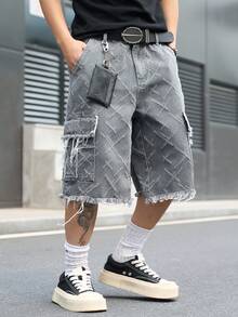 Manfinity EMRG Quần short denim xám bạc, nhiều túi, phong cách đường phố thường ngày dành cho nam giới. - Màu xám đen - Xem 1