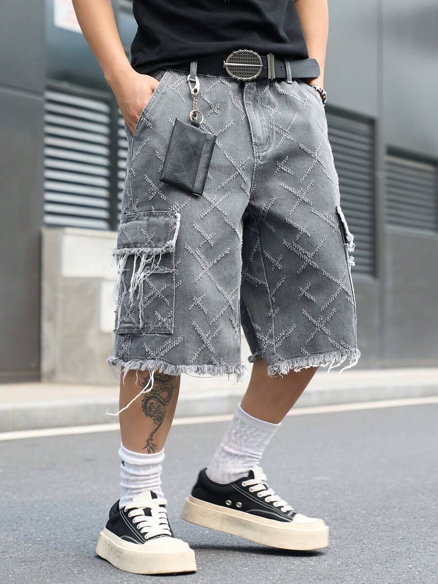Manfinity EMRG Quần short denim xám bạc, nhiều túi, phong cách đường phố thường ngày dành cho nam giới. - Màu xám đen - Xem 1