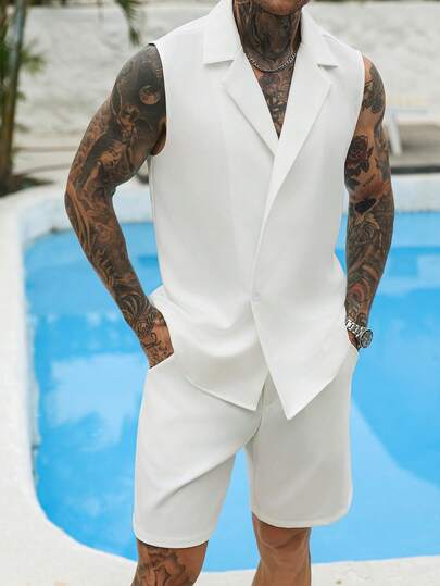 VENTUSAIL Men's Solid Color Lapel Neck Top And Shorts Casual Daily Outfit