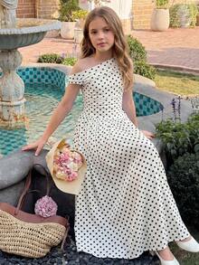 SHEIN 少女優雅露肩A字洋裝，黑白波點禮服模特兒裙 - 黑與白 - 查看 7