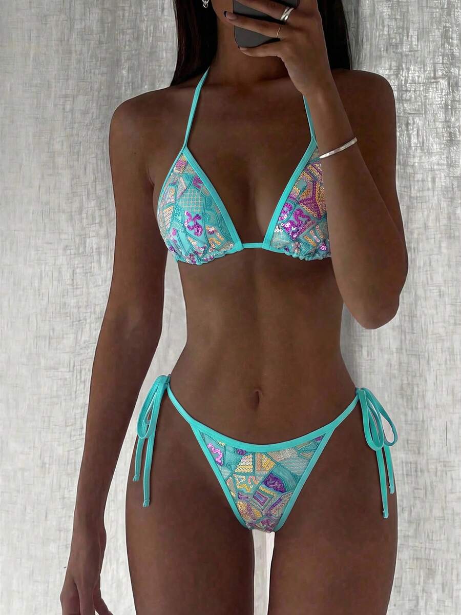 Costavie Bộ bikini gợi cảm 2 mảnh gồm áo tam giác buộc dây cổ và quần bikini buộc dây bên hông, chất liệu sequin, thích hợp cho mùa xuân/hè. - Nhiều màu - Xem 1