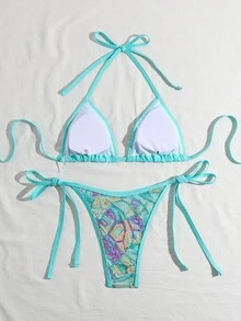 Costavie Bộ bikini gợi cảm 2 mảnh gồm áo tam giác buộc dây cổ và quần bikini buộc dây bên hông, chất liệu sequin, thích hợp cho mùa xuân/hè. - Nhiều màu - Xem 2