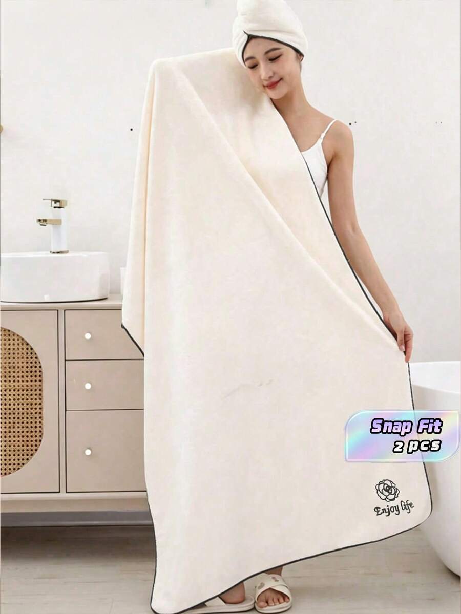 Toalla de baño suave y absorbente de 90 * 180 cm + Gorro de ducha de 25 * 65 cm para damas - Juego de 2 toallas de baño y gorro de ducha extragrandes bordados en blanco - Ver 1