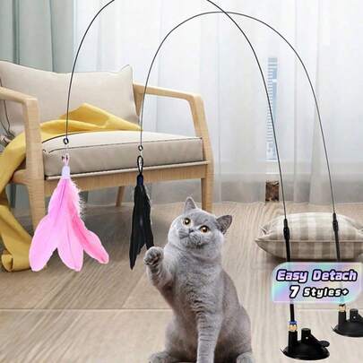 1Set Suction Cup Detachable Suction Feather Teaser Wand Colorful Feather Interactive Cat Toy Indoor Play Cat Exercise Supplies Battery-Free All-Season Applicable Pet Toy Cat Supplies Cat Entertainment Products