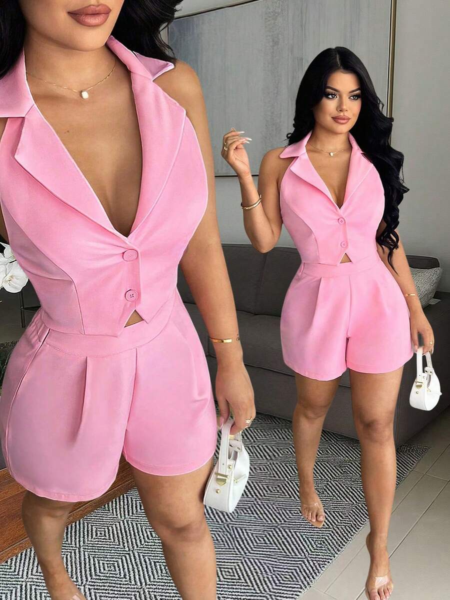 女士粉色露背吊带上衣和短裤两件套 - 粉色 - 查看 1