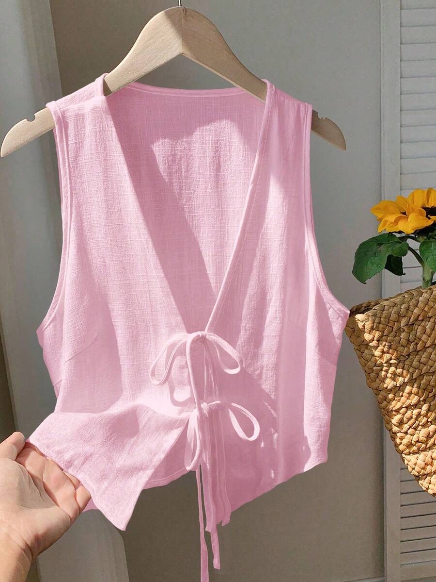 Comfortcana Áo khoác cardigan không tay, màu trơn, thắt nơ phía trước, dành cho nữ cỡ lớn, màu hồng nhạt. - Màu Hồng baby - Xem 1