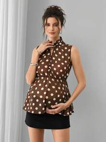 Momance Áo bầu cổ đứng, không tay, cài cúc phía trước và sau cổ, eo chun, dáng chữ A, chất liệu hơi xuyên thấu, họa tiết chấm bi. - màu nâu - Xem 3